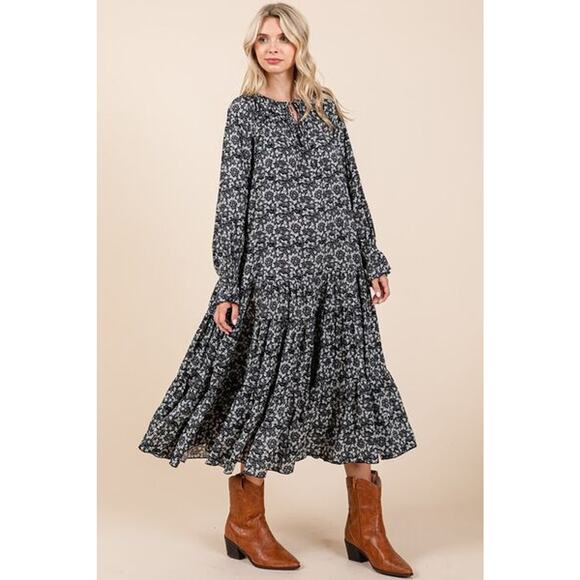 Mittoshop Printed Tie Neck Detail Flounce Sleeves Ruffled Midi Dress | Dark Navy - Picture 3 of 7